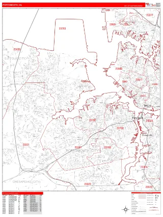 Portsmouth, VA RedLine style ZIP Code wall map
