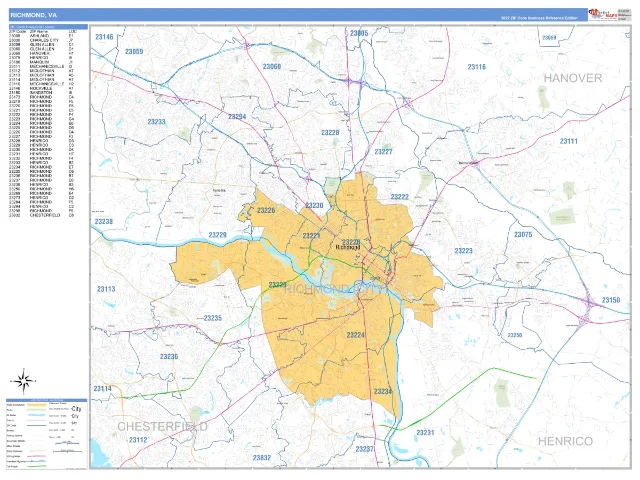 Richmond, VA ZIP Code Wall Map, Business Reference style