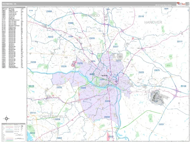 Richmond, VA ZIP Code Wall Map, Classic style