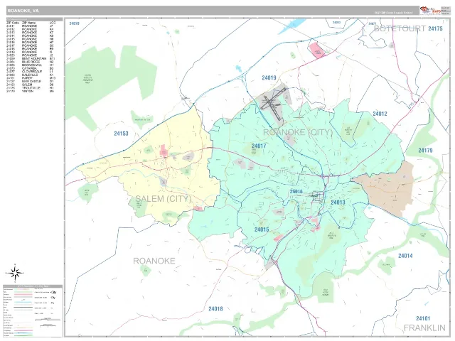 Roanoke, VA ZIP Code Wall Map, Classic style