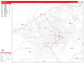 Roanoke, VA RedLine style ZIP Code wall map