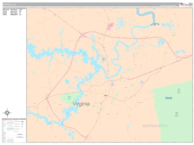 Suffolk, VA ZIP Code Wall Map, Classic style