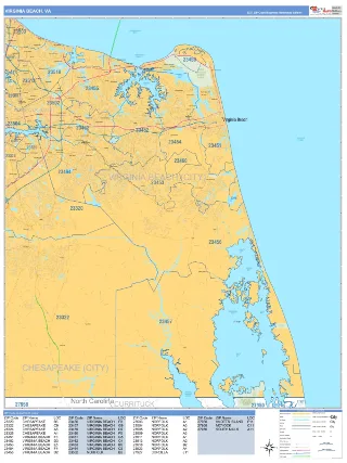 Virginia Beach, VA Business Reference style ZIP Code wall map