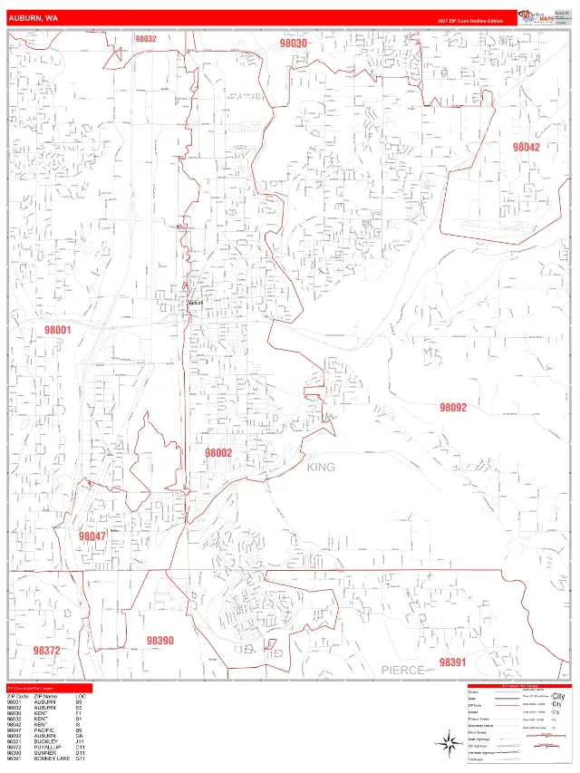 Auburn, WA ZIP Code Wall Map, RedLine style