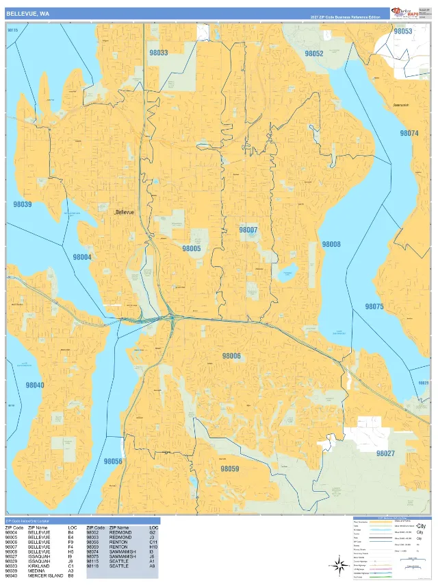 Bellevue, WA ZIP Code Wall Map, Business Reference style