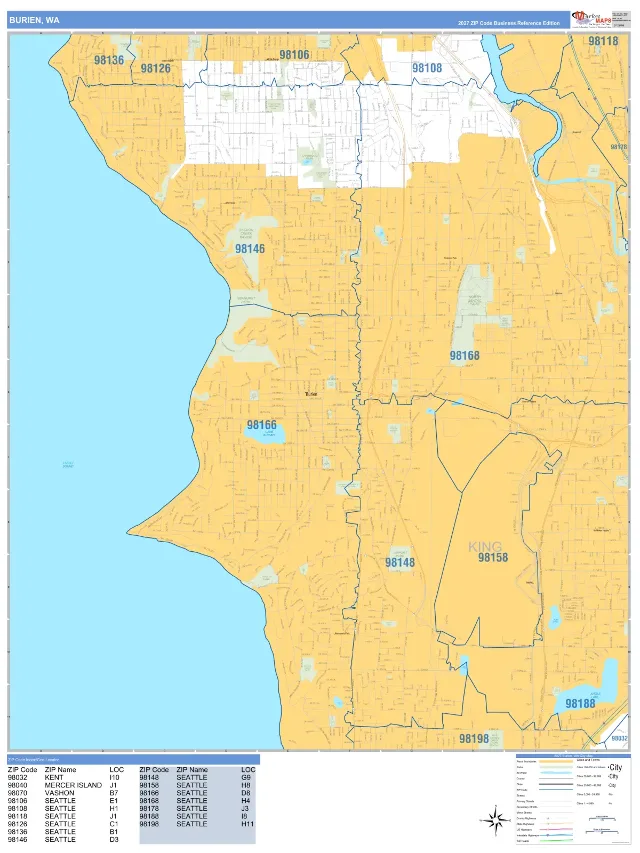 Burien, WA ZIP Code Wall Map, Business Reference style