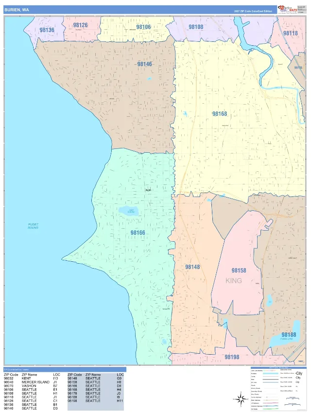 Burien, WA ZIP Code Wall Map, ColorCast style