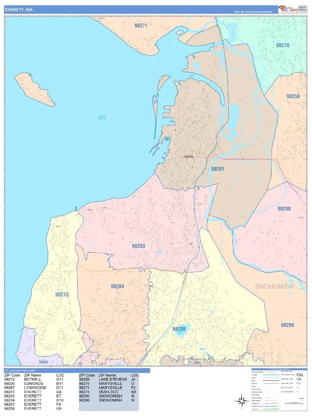 Everett, WA ZIP Code Wall Map, ColorCast style