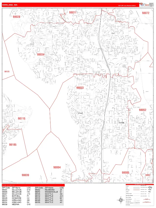 Kirkland, WA ZIP Code Wall Map, RedLine style