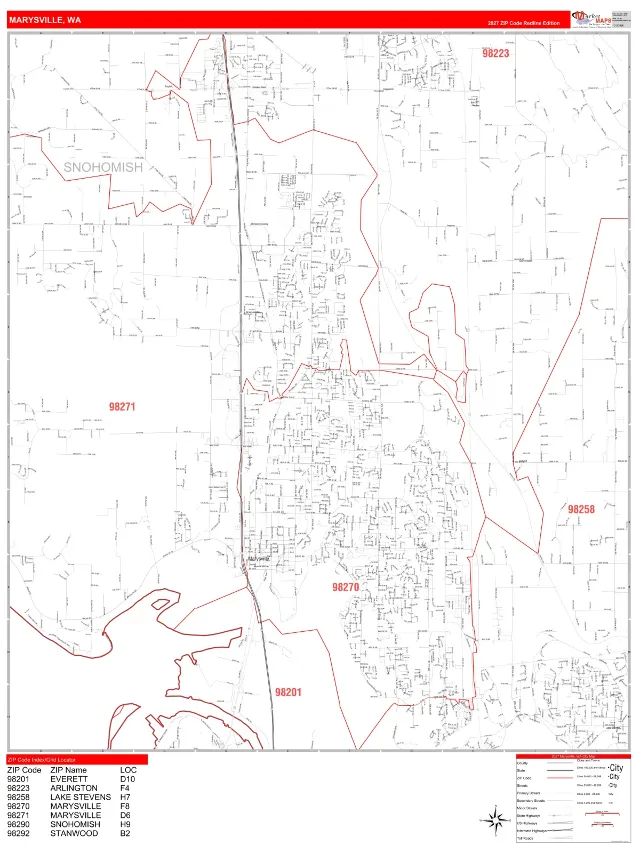 Marysville, WA ZIP Code Wall Map, RedLine style