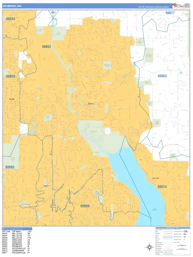 Redmond, WA ZIP Code Wall Map, Business Reference style