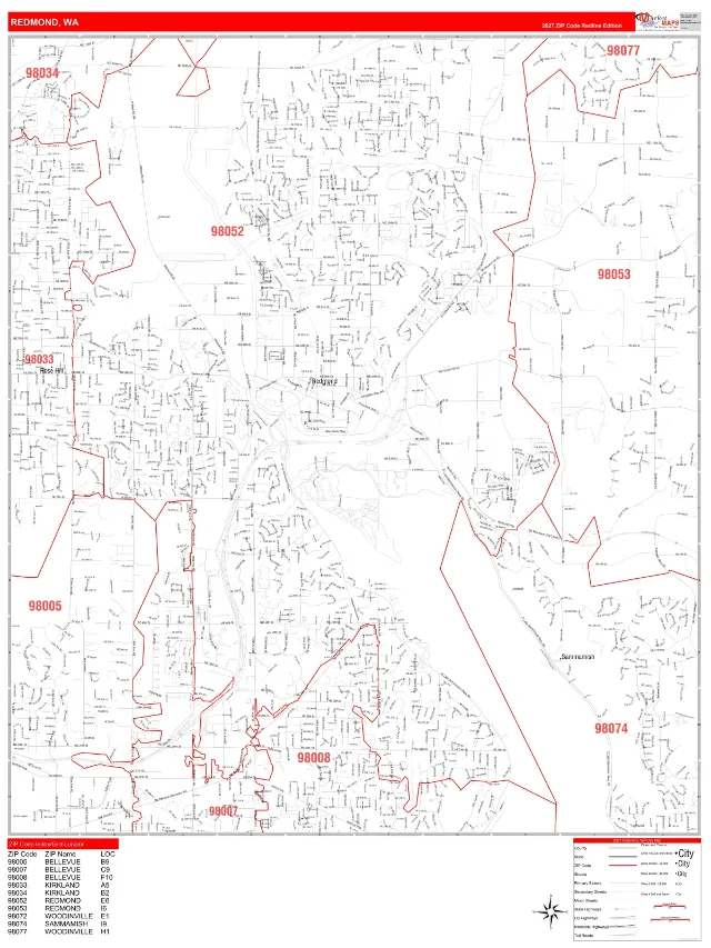 Redmond, WA ZIP Code Wall Map, RedLine style