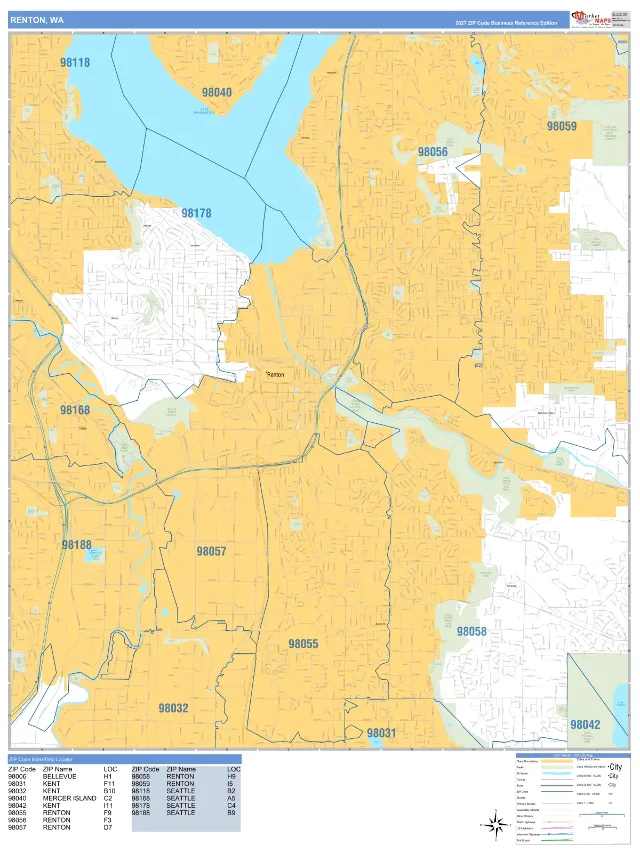 Renton, WA ZIP Code Wall Map, Business Reference style