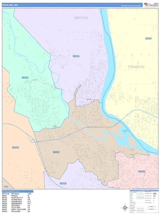 Richland, WA ZIP Code Wall Map, ColorCast style