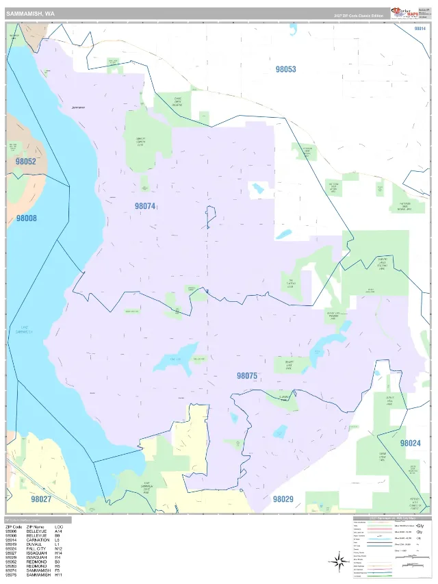 Sammamish, WA ZIP Code Wall Map, Classic style