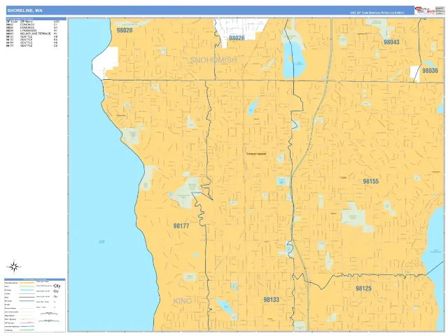 Shoreline, WA ZIP Code Wall Map, Business Reference style