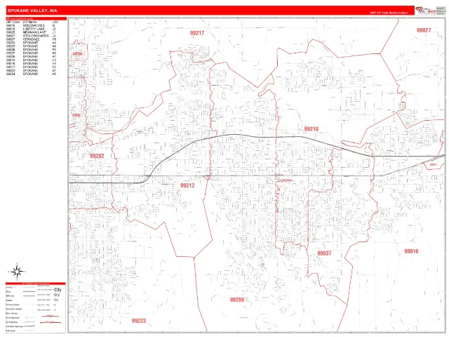 Spokane Valley, WA ZIP Code Wall Map, RedLine style