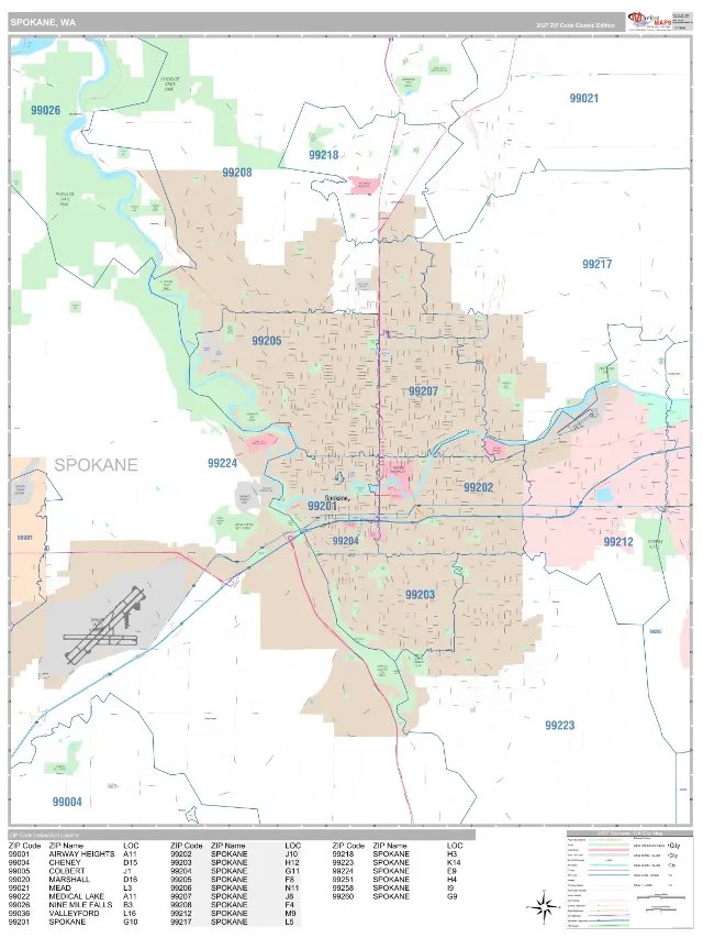 Spokane, WA ZIP Code Wall Map, Classic style