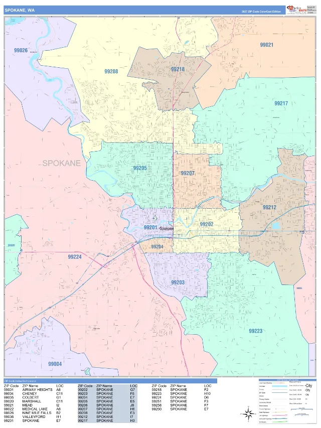 Spokane, WA ZIP Code Wall Map, ColorCast style