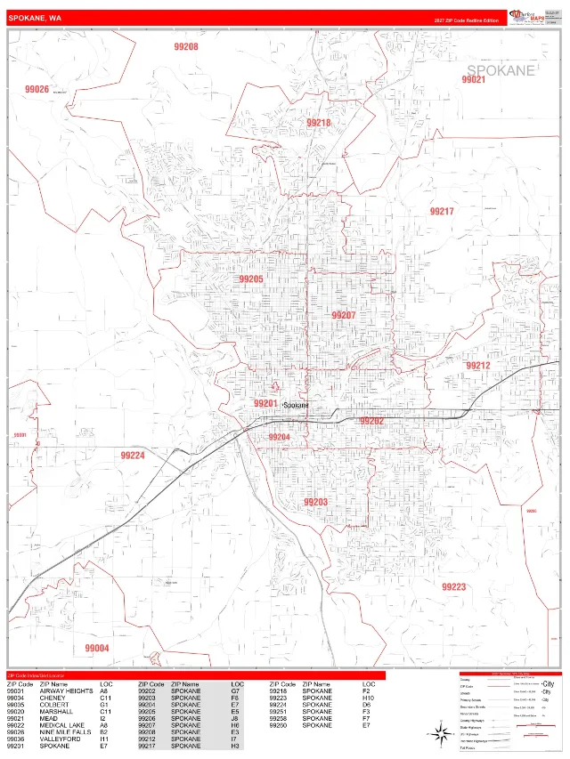 Spokane, WA ZIP Code Wall Map, RedLine style