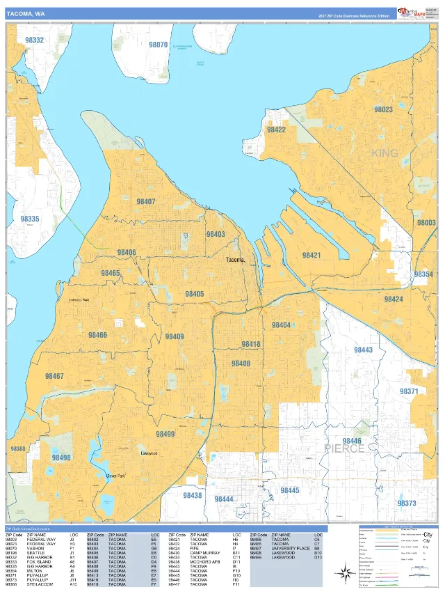 Tacoma, WA ZIP Code Wall Map, Business Reference style