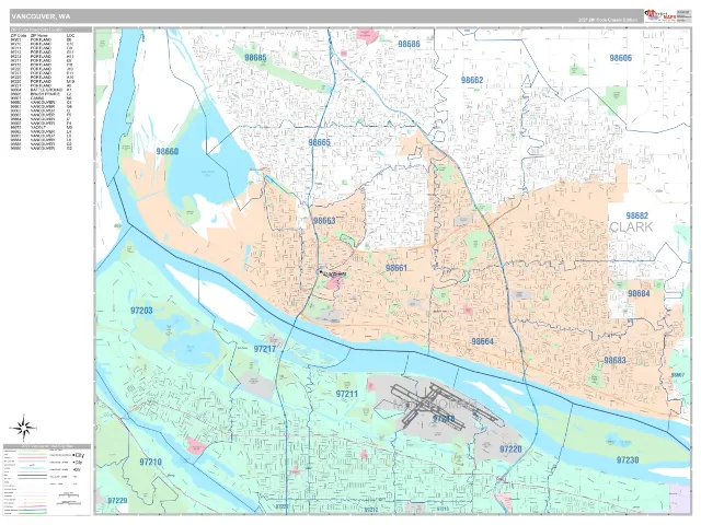 Vancouver, WA ZIP Code Wall Map, Classic style