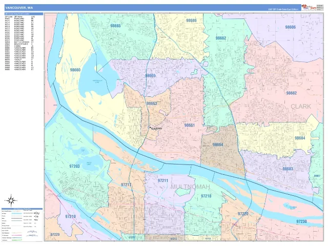 Vancouver, WA ZIP Code Wall Map, ColorCast style