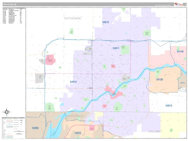 Appleton, WI ZIP Code Wall Map, Classic style