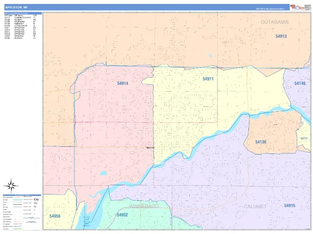 Appleton, WI ZIP Code Wall Map, ColorCast style
