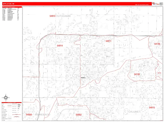 Appleton, WI ZIP Code Wall Map, RedLine style