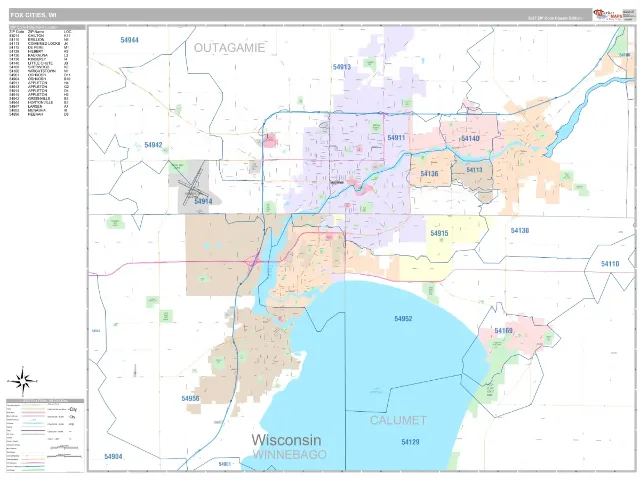 Fox Cities, WI ZIP Code Wall Map, Classic style