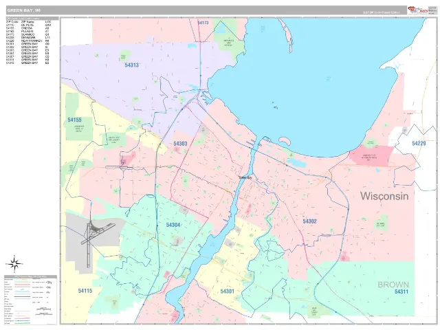 Green Bay, WI ZIP Code Wall Map, Classic style