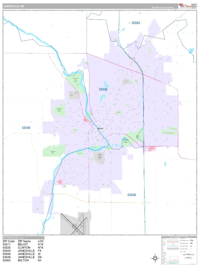 Janesville, WI ZIP Code Wall Map, Classic style