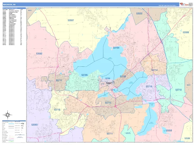 Madison, WI ZIP Code Wall Map, ColorCast style