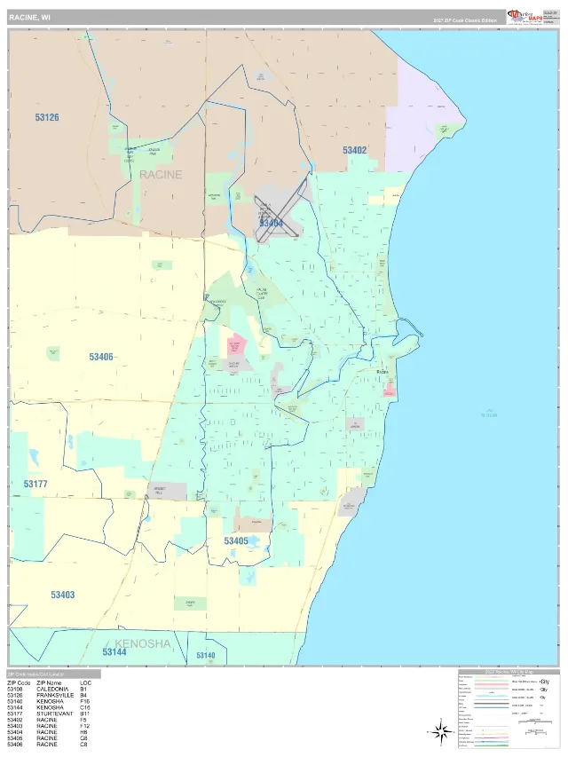 Racine, WI ZIP Code Wall Map, Classic style