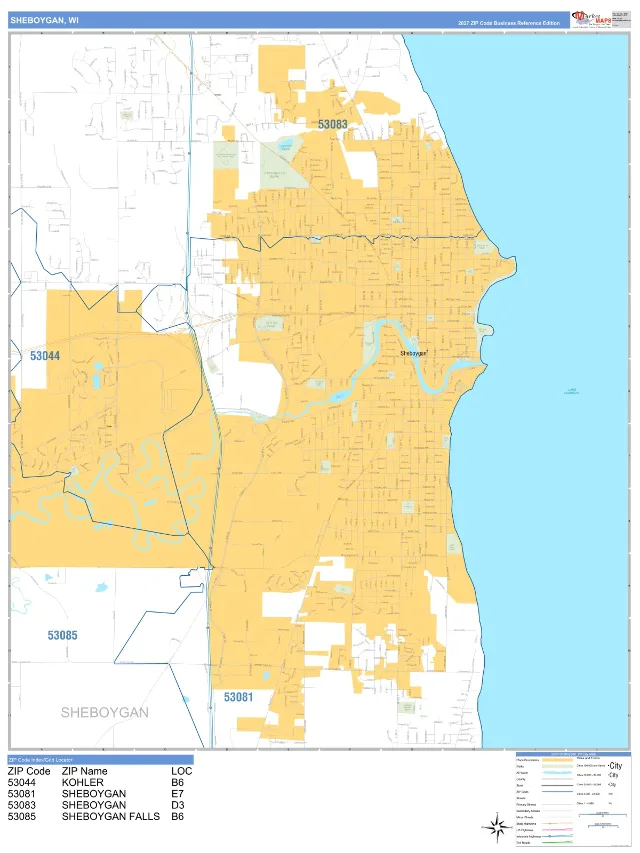 Sheboygan, WI ZIP Code Wall Map, Business Reference style