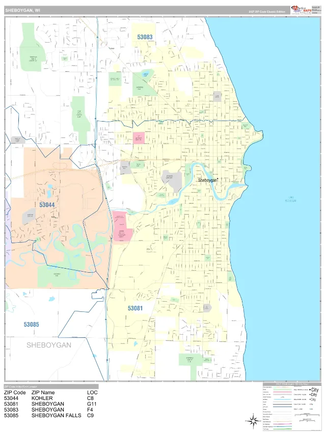 Sheboygan, WI ZIP Code Wall Map, Classic style