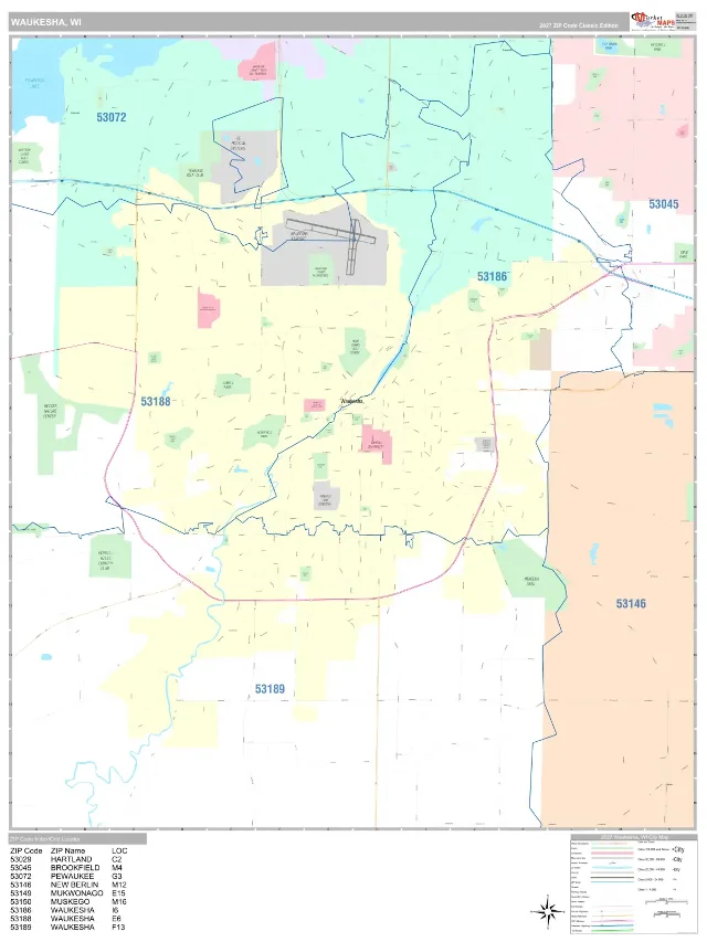 Waukesha, WI ZIP Code Wall Map, Classic style