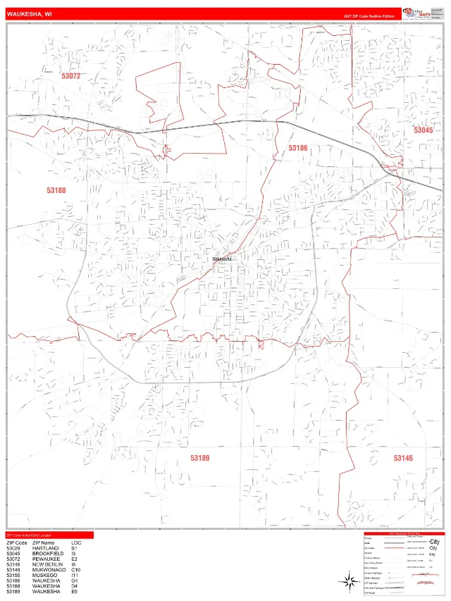 Waukesha, WI ZIP Code Wall Map, RedLine style