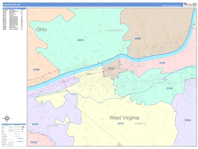 Huntington, WV ZIP Code Wall Map, ColorCast style