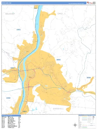 Wheeling, WV Business Reference style ZIP Code wall map