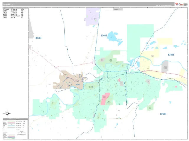 Casper, WY ZIP Code Wall Map, Classic style