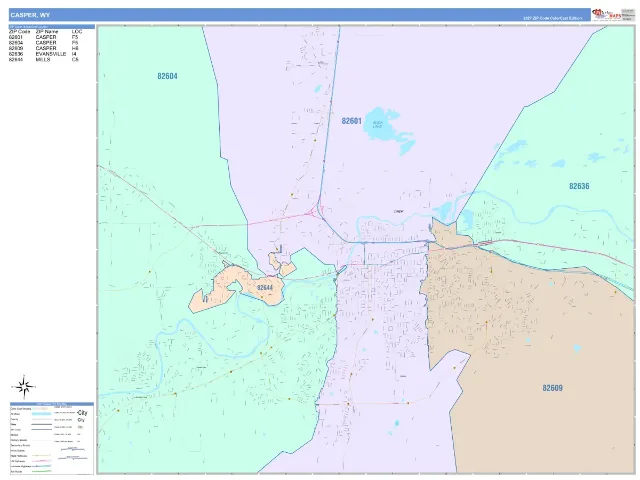 Casper, WY ZIP Code Wall Map, ColorCast style