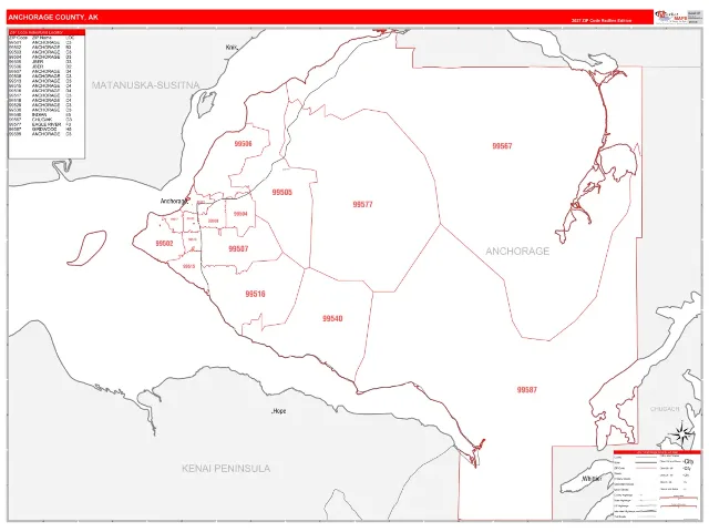 Anchorage County, AK ZIP Code Wall Map, RedLine style
