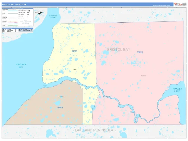 Bristol Bay County, AK ZIP Code Wall Map, ColorCast style