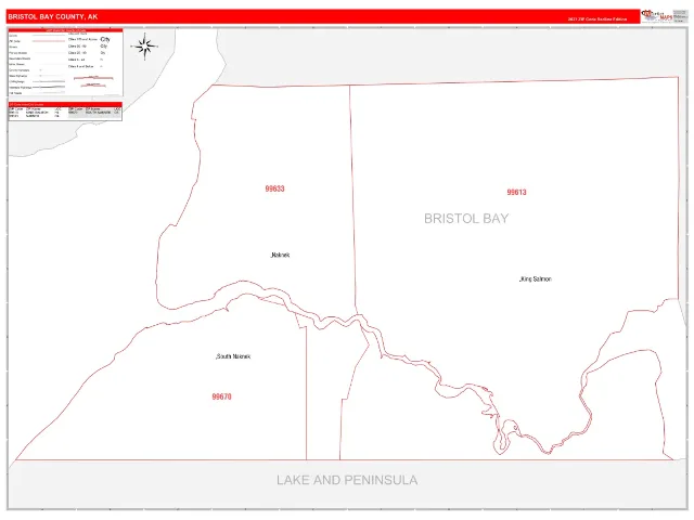 Bristol Bay County, AK ZIP Code Wall Map, RedLine style
