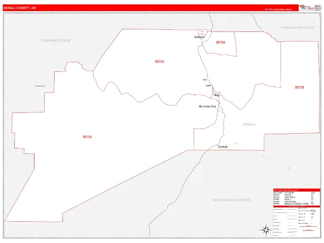 Denali County, AK ZIP Code Wall Map, RedLine style