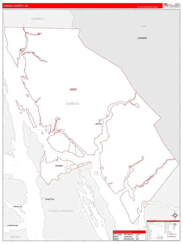 Juneau County, AK ZIP Code Wall Map, RedLine style