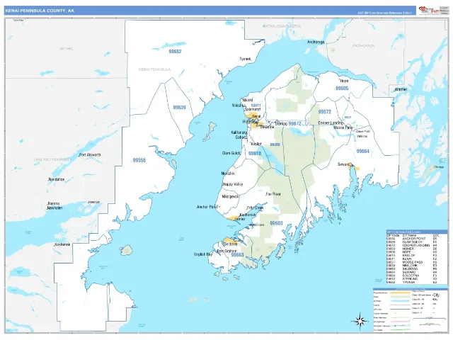 Kenai Peninsula County, AK ZIP Code Wall Map, Business Reference style