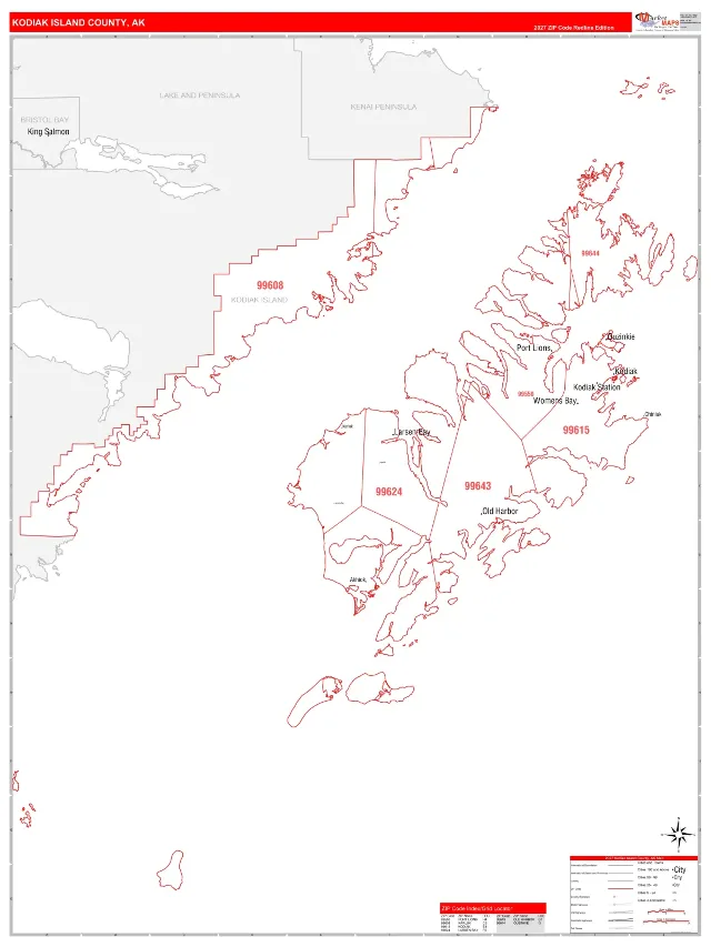 Kodiak Island County, AK ZIP Code Wall Map, RedLine style